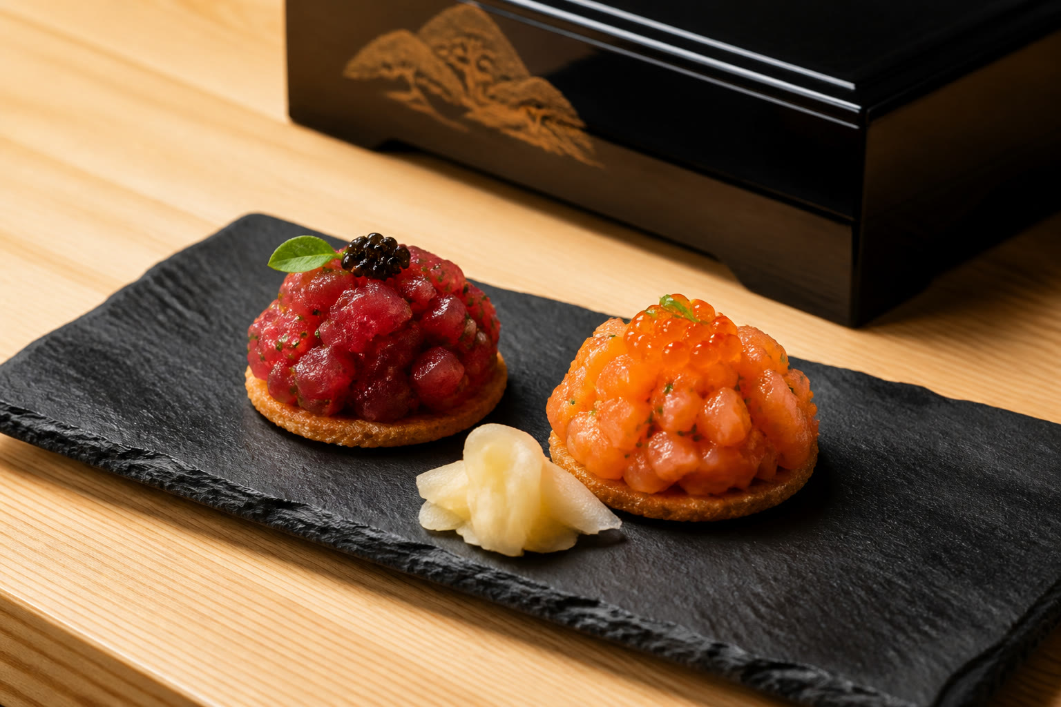 Tuna and salmon tartare on slate